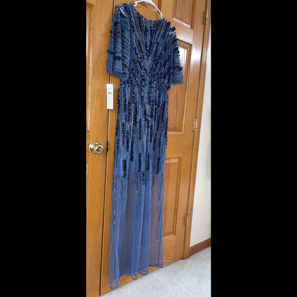 Women’s Formal Dress AIDAN MATTOX Size 10 Blue Beaded Short Sleeve AUTHENTIC NEW - Picture 6 of 11